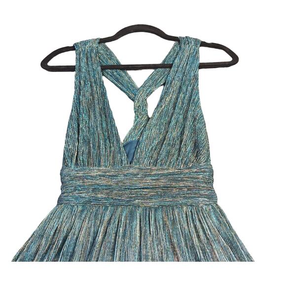 Lulus Women’s Size XS Ailey Gold and Teal Blue Metallic Skater Mini Dress - Picture 3 of 12